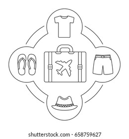 Tourist's suitcase contents linear icons set. Shirt, swimming trunks, homburg hat, flip flops. Isolated vector illustrations