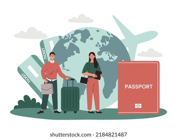 Tourists with suitcase. Man and woman with passport on background of globe, characters go on vacation in exotic country. Travel and adventure. Rest and relaxation. Cartoon flat vector illustration