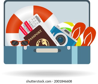 A tourist's suitcase, a traveler's suitcase with things. Vector, cartoon illustration. Vector.