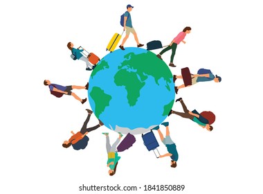 Tourists with suitcases, bags and things moving on planet Earth. Group of people around planet. People walking on circle. Vector illustration