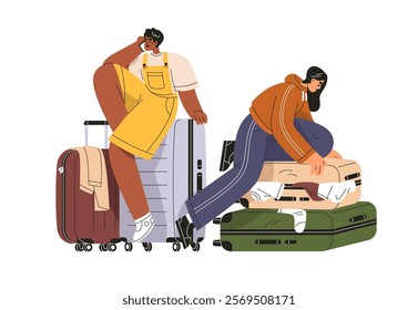 Tourists with suitcases, packing clothes into travel bag and speaking on phone. Friends preparing baggage, luggage. Passengers before departure. Flat vector illustration isolated on white background