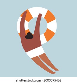 Tourists swim, sunbathe, engage in watersports. Pool party concept vector illustration. People enjoy summer vacation at poolside. Happy man swim in swimming pool in holiday resort. 