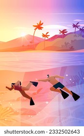 tourists swimming in sea or ocean and watching marine fauna with fish and coral reef underwater recreational activity