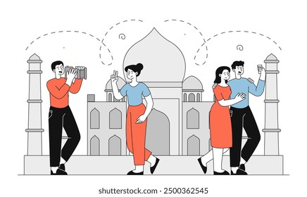 Turistas con Taj Mahal India. Hombres y mujeres toman Fotos con cámara y teléfono inteligente contra el telón de fondo del Lugar famoso indio. Festiva y vacaciones en India. Ilustración vectorial lineal