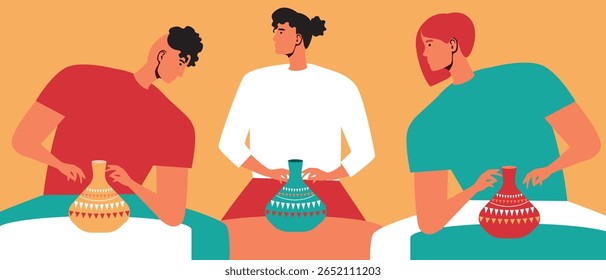 Tourists taking part in hands-on experiences, flat vector stock illustration with making craft pottery as travel concept for sstkTravel