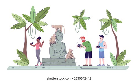 Tourists taking photos flat doodle illustration. People photographing primates and Buddha statue. Sacred monkey forest. Indonesia tourism 2D cartoon character with outline for commercial use