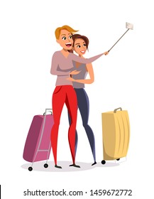 Tourists taking selfie flat vector illustration. Young smiling women, girlfriends cartoon character. Friends vacation trip, holiday adventure, tourism. Female friendship, happy girls travel together