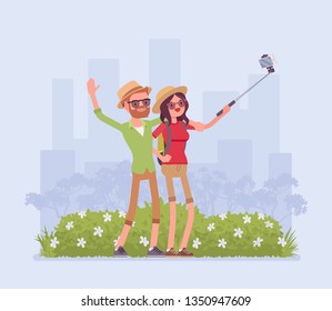 Tourists taking selfie. Young happy pair travelling, visiting places for pleasure, making photograph with smartphone, stick to share in social media, self-portrait photo from trip. Vector illustration