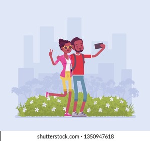 Tourists taking selfie. Young happy black pair travelling, visiting places for pleasure, making photograph with smartphone to share in social media, self-portrait photo from trip. Vector illustration