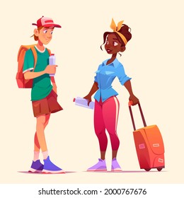 Tourists talk together. Man and woman meet in travel. Two friends or couple with luggage go in journey. Vector cartoon illustration of people with water bottles, backpack and suitcase