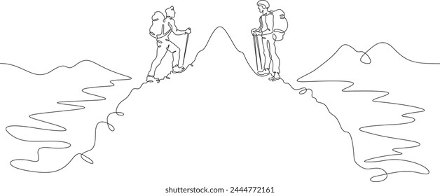 Tourists to the top. Group climbing in the mountains. Mountain landscape. One continuous line . Line art. Minimal single line.White background. One line drawing.