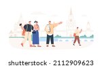Tourists and tour guide during city excursion in Moscow. Couple visiting landmarks in travel, going sightseeing with local person. People on summer trip. Flat vector illustration isolated on white