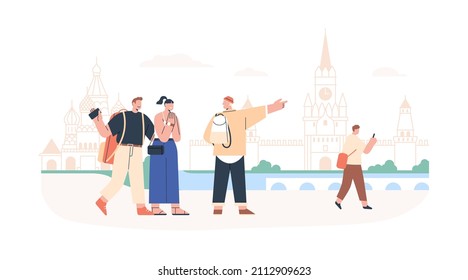 Tourists and tour guide during city excursion in Moscow. Couple visiting landmarks in travel, going sightseeing with local person. People on summer trip. Flat vector illustration isolated on white