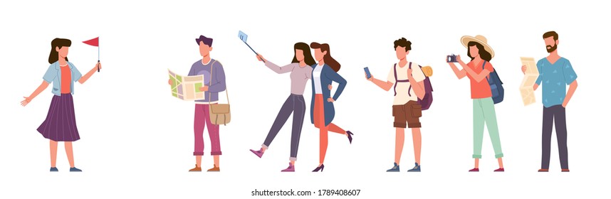 Tourists and tour guide. Travelling people group with camera, excursion with tour cicerone, seasonal vacation family and couples with smartphones and maps vector cartoon flat isolated concept