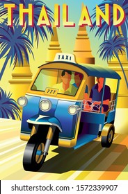 Tourists in a traditional Tuk Tuk taxi at a sightseeing tour in Thailand. Handmade drawing vector illustration. Retro poster.