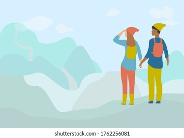 Tourists, travel bloggers interracial couple  hiking in mountains, vector illustration of explorer, traveller with backpack