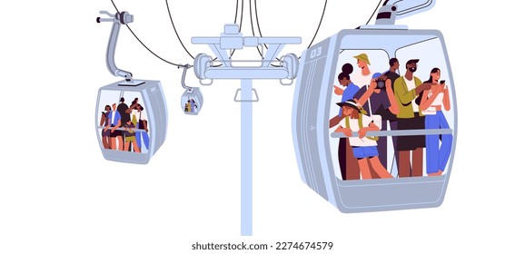 Tourists travel in cable car, suspended cabin of cableway, rope way. People passengers inside cablecars of ropeway, touristic transport at height. Flat vector illustration isolated on white background