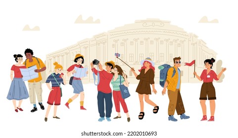 Tourists travel, excursion with guide. People group with backpacks, map and photo cameras traveling, characters visiting sightseeing and landmarks in abroad trip, Line art flat vector illustration