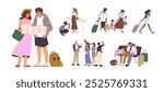 Tourists travel set. Excursion group sightseeing in journey. People waiting in airport with luggage. Couple navigates with map, takes photo in tour. Flat isolated vector illustrations on white