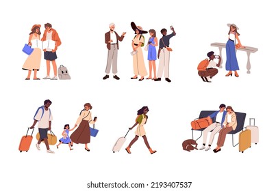 Tourists travel set. Excursion group going sightseeing, people waiting with luggage, taking photo with camera in trip, summer vacation tour. Flat vector illustrations isolated on white background.