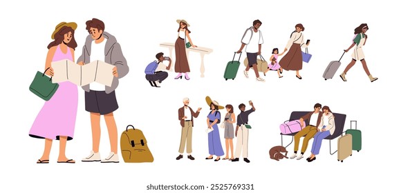 Tourists travel set. Excursion group sightseeing in journey. People waiting in airport with luggage. Couple navigates with map, takes photo in tour. Flat isolated vector illustrations on white