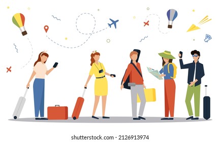 Tourists travel with suitcases and bag. People with suitcases bags and backpacks. A crowd of people tourists
