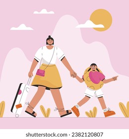 Tourists and travelers characters, family travel, excursion trip. Family vacation. Mother and daughter with luggage traveling abroad, Line art flat vector illustration, set.