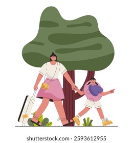 Tourists and travelers characters. Family travel abroad. Mother and daughter with luggage and inflatable circle traveling. Line art flat vector illustration isolated on white background.