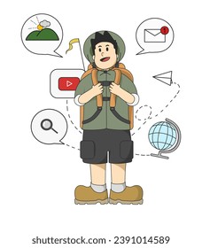 Tourists and travelers characters, people travel, hiking, excursion trip. 