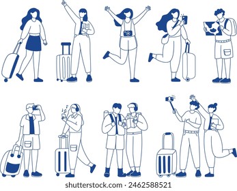 Tourists and travelers characters, people travel, hiking, excursion trip. Men and women group with backpacks, luggage, map and photo cameras traveling abroad, Line art flat vector illustration set