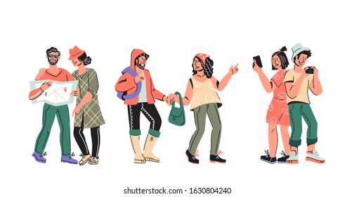 Tourists and travelers group - people cartoon characters set vector illustration isolated. Vacation, adventure and recreation concept. Trip arranging