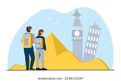 Tourists and travelers. Man and girl stand in desert and look at priamis and falling building. Memories and art, monuments. Traditions and culture, international trip. Cartoon flat vector illustration