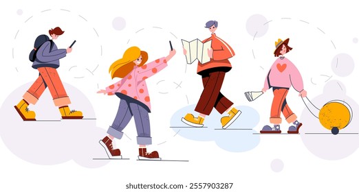 Tourists and travelers set. Happy men and women with backpack, luggage and map travel abroad, take selfies, go hiking and excursion trip. Flat vector illustration collection isolated on background