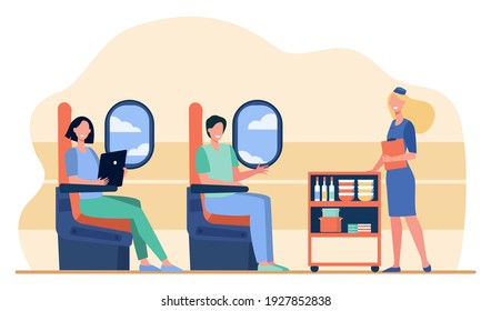 Tourists traveling by plane. Stewardess delivering food to airplane passengers. Flat vector illustration. Trip, transport, transportation concept for banner, website design or landing web page