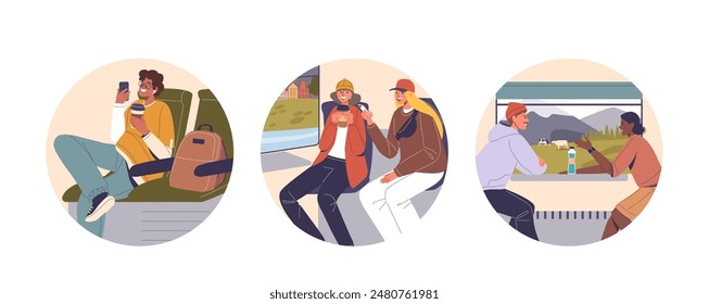 Tourists Traveling By Train. Isolated Vector Round Icons Of Travelers Enjoying Drinks, Conversations, And Scenic Views