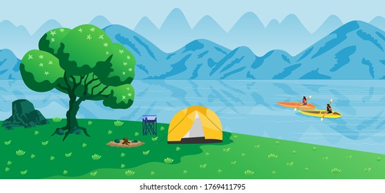 Tourists traveling and camping near the lake.
