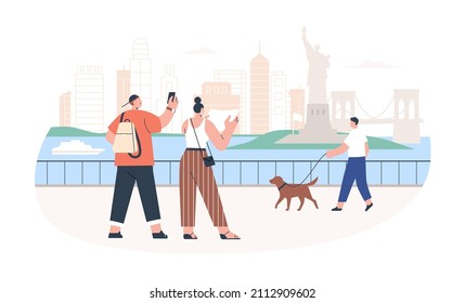 Tourists traveling and going sightseeing. Couple visiting New York city. Man and woman taking photo of landmarks during tour. People in journey. Flat vector illustration isolated on white background