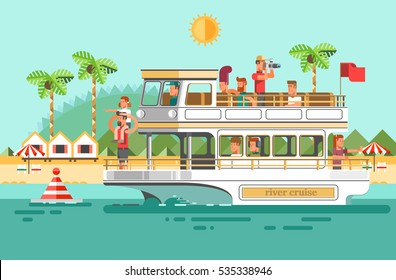 Tourists traveling on a cruise boat and take pictures of palm trees and islands. Vector illustration.