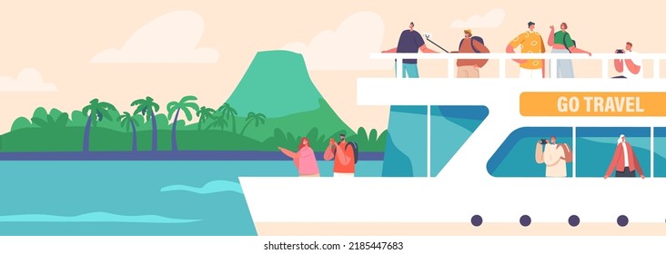 Tourists Traveling On Cruise Liner Take Pictures Of Palm Trees And Tropical Island Landscape. Passenger Characters Boat Voyage, Summer Trip on Marine Vessel. Cartoon People Vector Illustration