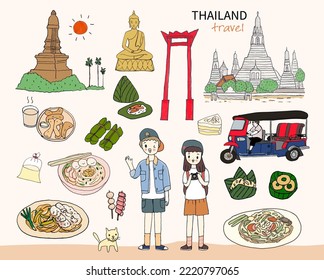 Tourists are traveling in Thailand, landmark and local food, freehand drawn style