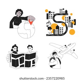 Tourists travelling 2D vector monochrome isolated spot scenes pack. Happy flat hand drawn travelling characters going on vacation, planning trip on white background. Editable outline cartoon scene