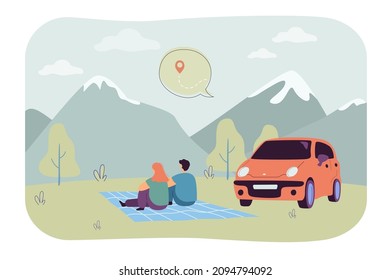 Tourists travelling by car sitting on plaid and looking at mountains. Couple having romantic date outdoor flat vector illustration. Travel concept for banner, website design or landing web page