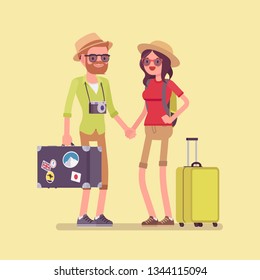 Tourists in travelling outfit with luggage and suitcases. Happy young man and woman making a journey to visit warm countries, holiday tour for recreation. Vector flat style cartoon illustration