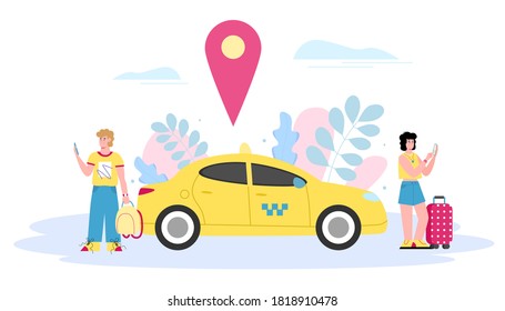 Tourists using mobile phone to order a taxi, cartoon vector illustration isolated on white background. Online taxi services for travel and city transportation.