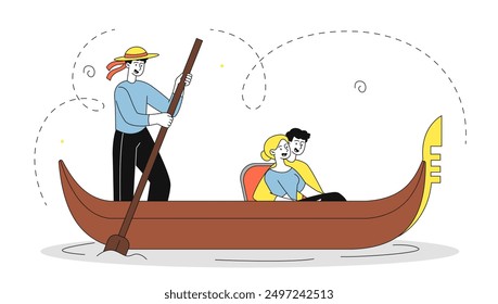 Tourists in Venice. Man and woman sailing on boat with gondolier. Travelers in Italy. Holiday and vacation, tourism. Historical vessel. Linear vector illustration isolated on white background