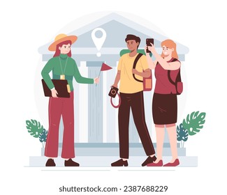 Tourists visit attractions with tour guides. Tourism vector concept illustration