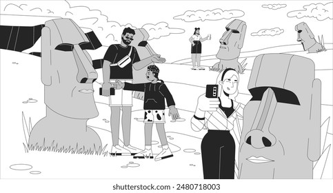 Tourists visit Easter island black and white line illustration. Diverse travelers taking photos of Moai statues 2D characters monochrome background. Rapa nui national park outline scene vector image