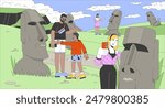 Tourists visit Easter island cartoon flat illustration. Diverse travelers taking photos of Moai statues 2D line characters colorful background. Rapa nui national park scene vector storytelling image