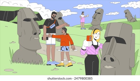 Tourists visit Easter island cartoon flat illustration. Diverse travelers taking photos of Moai statues 2D line characters colorful background. Rapa nui national park scene vector storytelling image