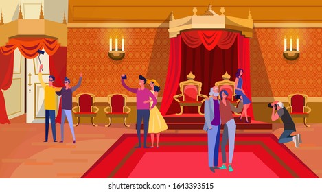Tourists visiting attraction. Travelers taking selfie in classical interior flat vector illustration. Tourism, landmark, historical palace concept for banner, website design or landing web page
